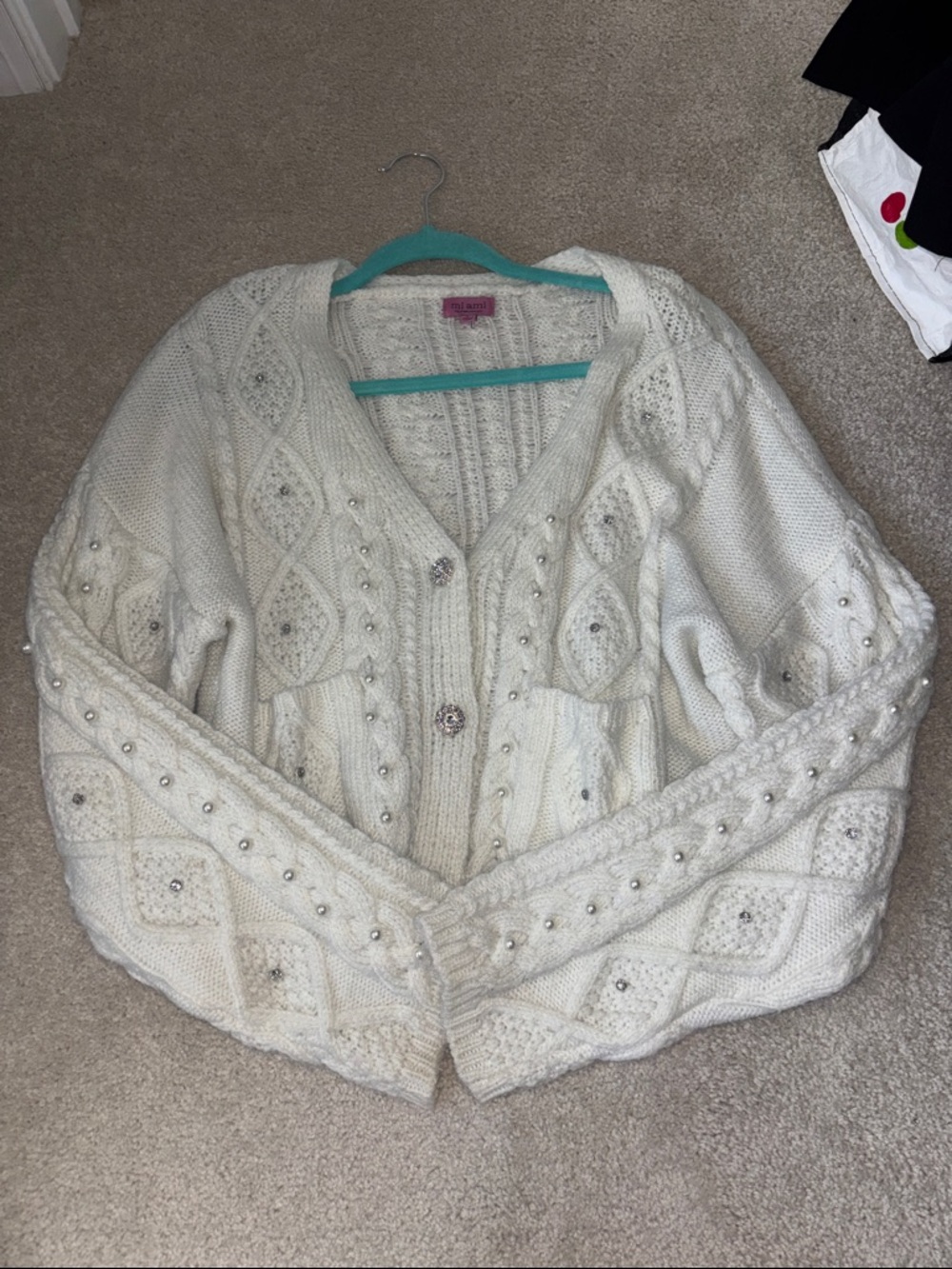 miami Ivory Beaded Cable Knit Cardigan